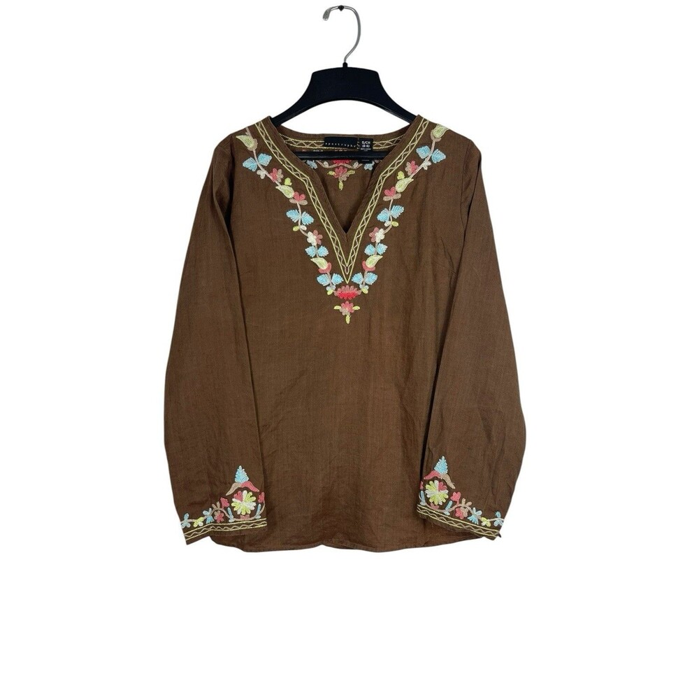 VTG Apostrophe 100% Linen Floral Embroidered Peasant Top Brown Boho Festival S